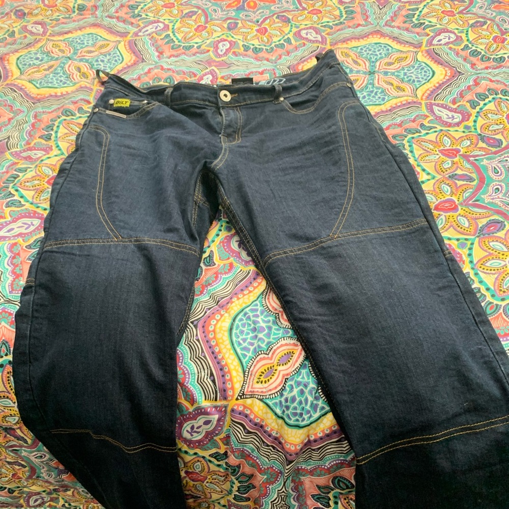 Riding jeans with Kevlar and armor on the knees.